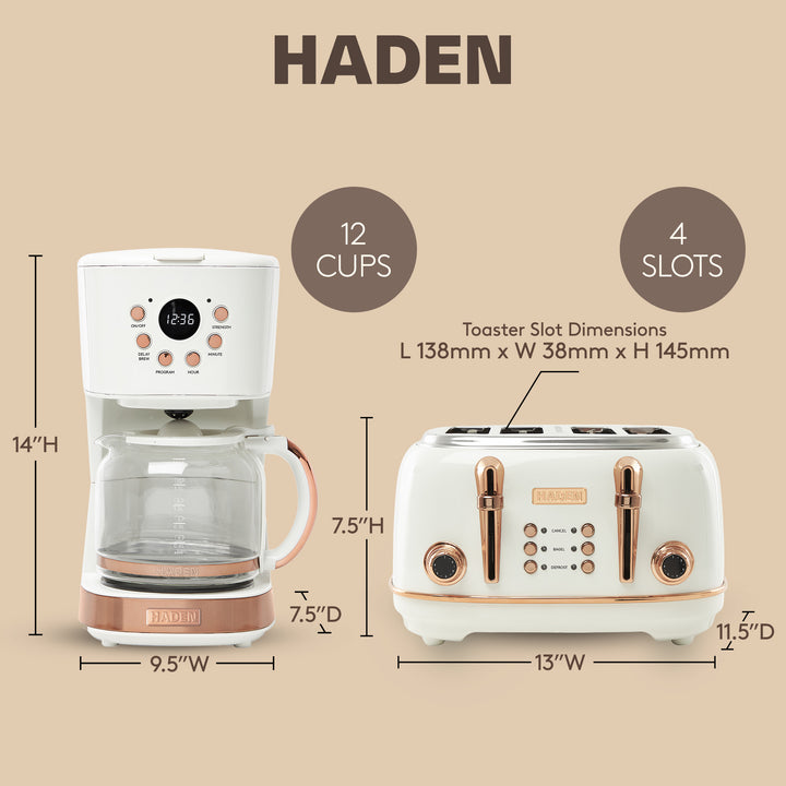 Haden Heritage 4 Slice Wide Slot Toaster & 12 Cup Coffee Maker, Ivory & Copper - VMInnovations