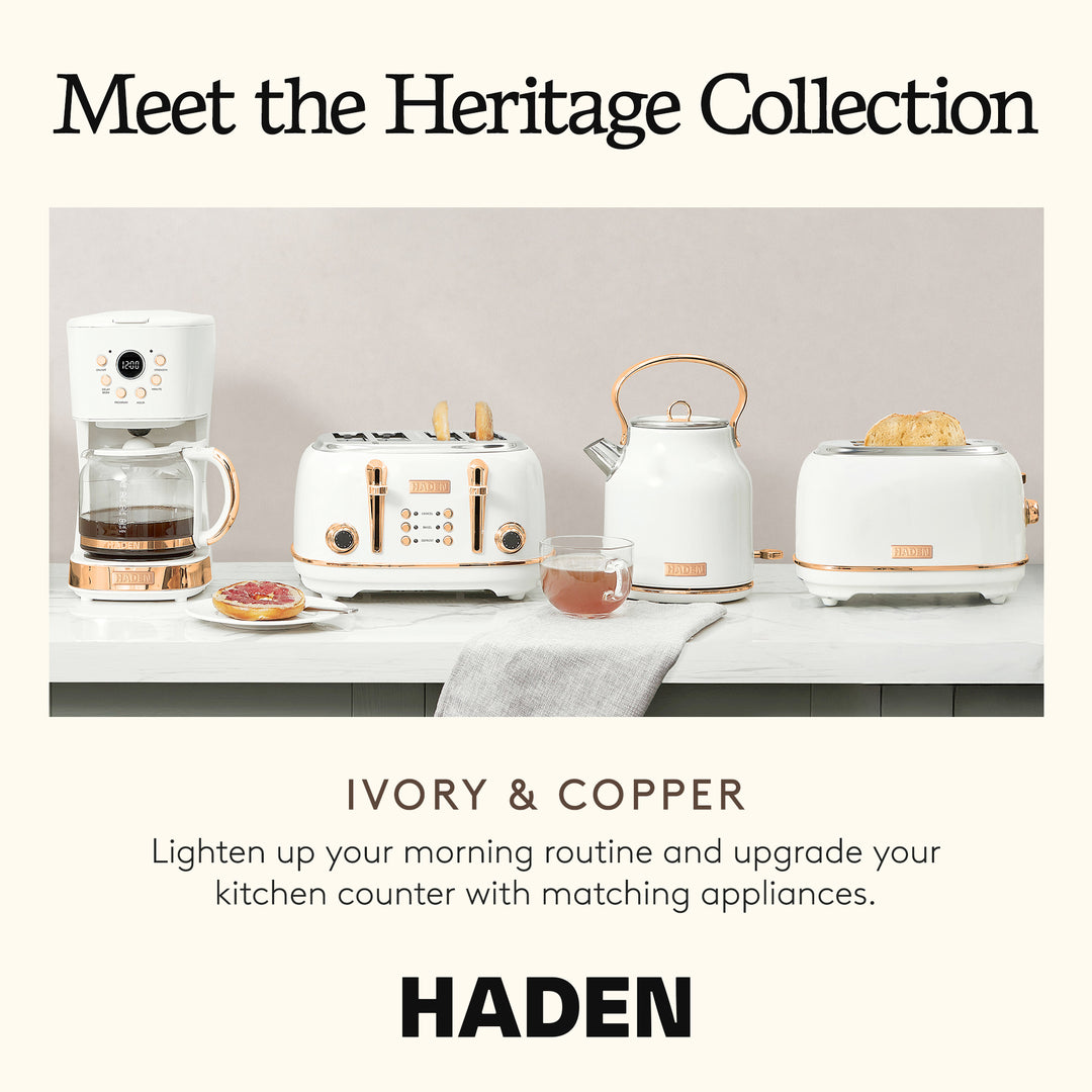 Haden Heritage 4 Slice Wide Slot Toaster & 12 Cup Coffee Maker, Ivory & Copper - VMInnovations