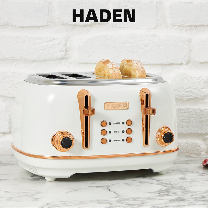 Haden Heritage 4 Slice Wide Slot Toaster & 12 Cup Coffee Maker, Ivory & Copper - VMInnovations