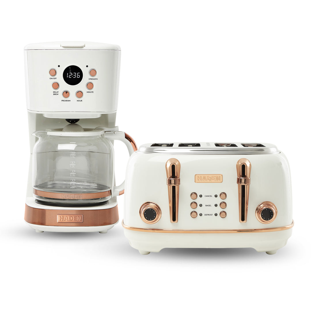Haden Heritage 4 Slice Wide Slot Toaster & 12 Cup Coffee Maker, Ivory & Copper - VMInnovations