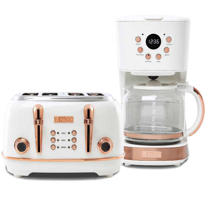 Haden Heritage 4 Slice Wide Slot Toaster & 12 Cup Coffee Maker, Ivory & Copper