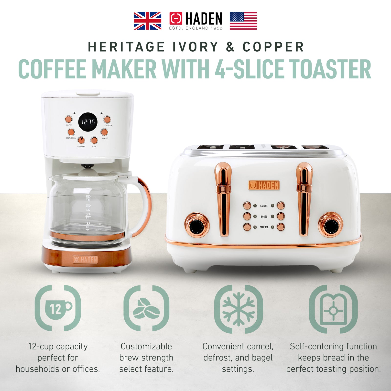 Haden Heritage 4 Slice Wide Slot Toaster & 12 Cup Coffee Maker, Ivory & Copper - VMInnovations