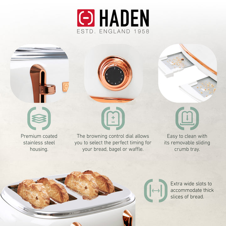 Haden Heritage 4 Slice Wide Slot Toaster & 12 Cup Coffee Maker, Ivory & Copper