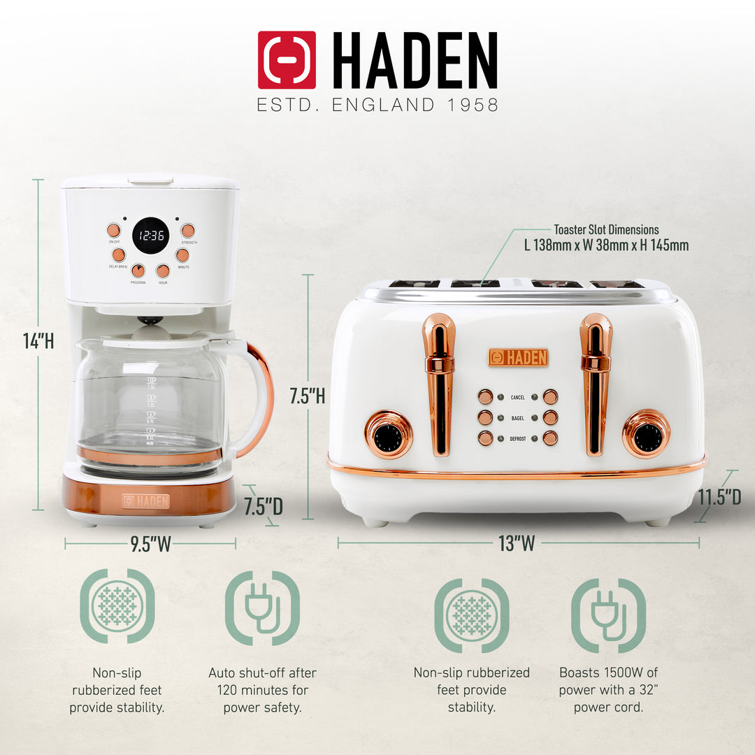 Haden Heritage 4 Slice Wide Slot Toaster & 12 Cup Coffee Maker, Ivory & Copper