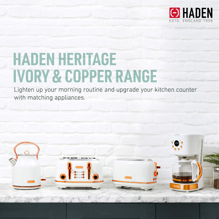 Haden Heritage 4 Slice Wide Slot Toaster & 12 Cup Coffee Maker, Ivory & Copper