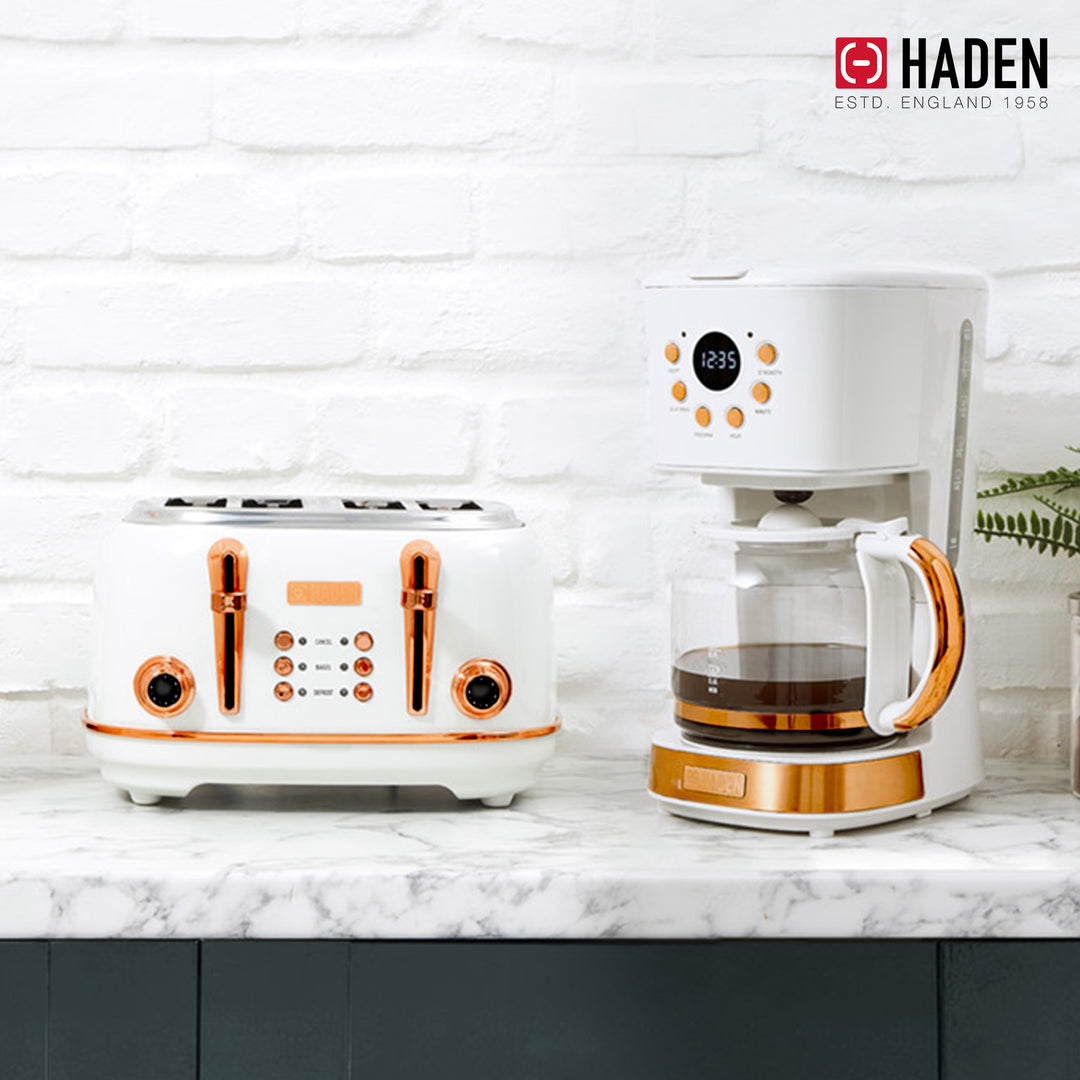 Haden Heritage 4 Slice Wide Slot Toaster & 12 Cup Coffee Maker, Ivory & Copper