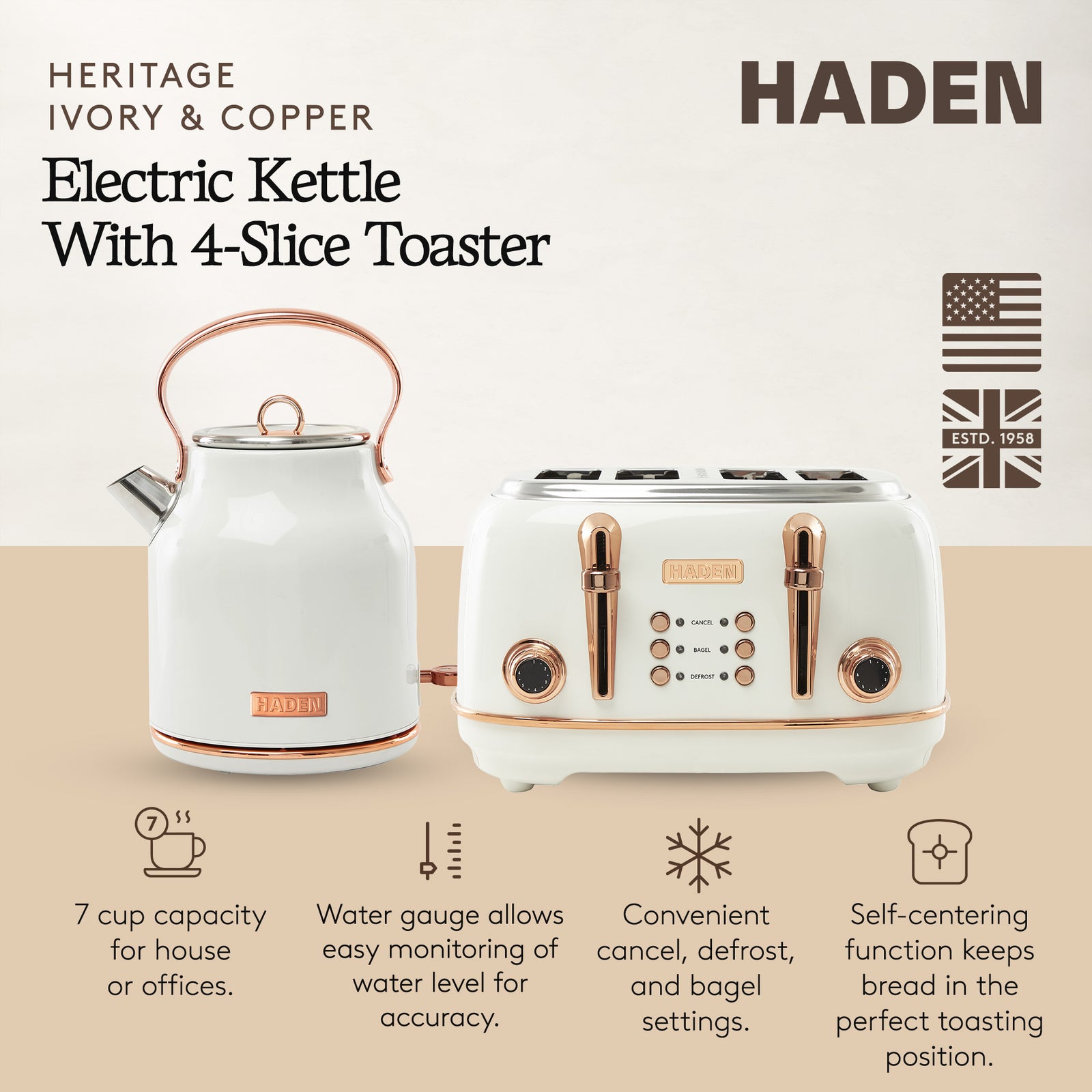 Haden Heritage 4 Slice Wide Slot Toaster & Electric Water Kettle, Ivory & Copper - VMInnovations