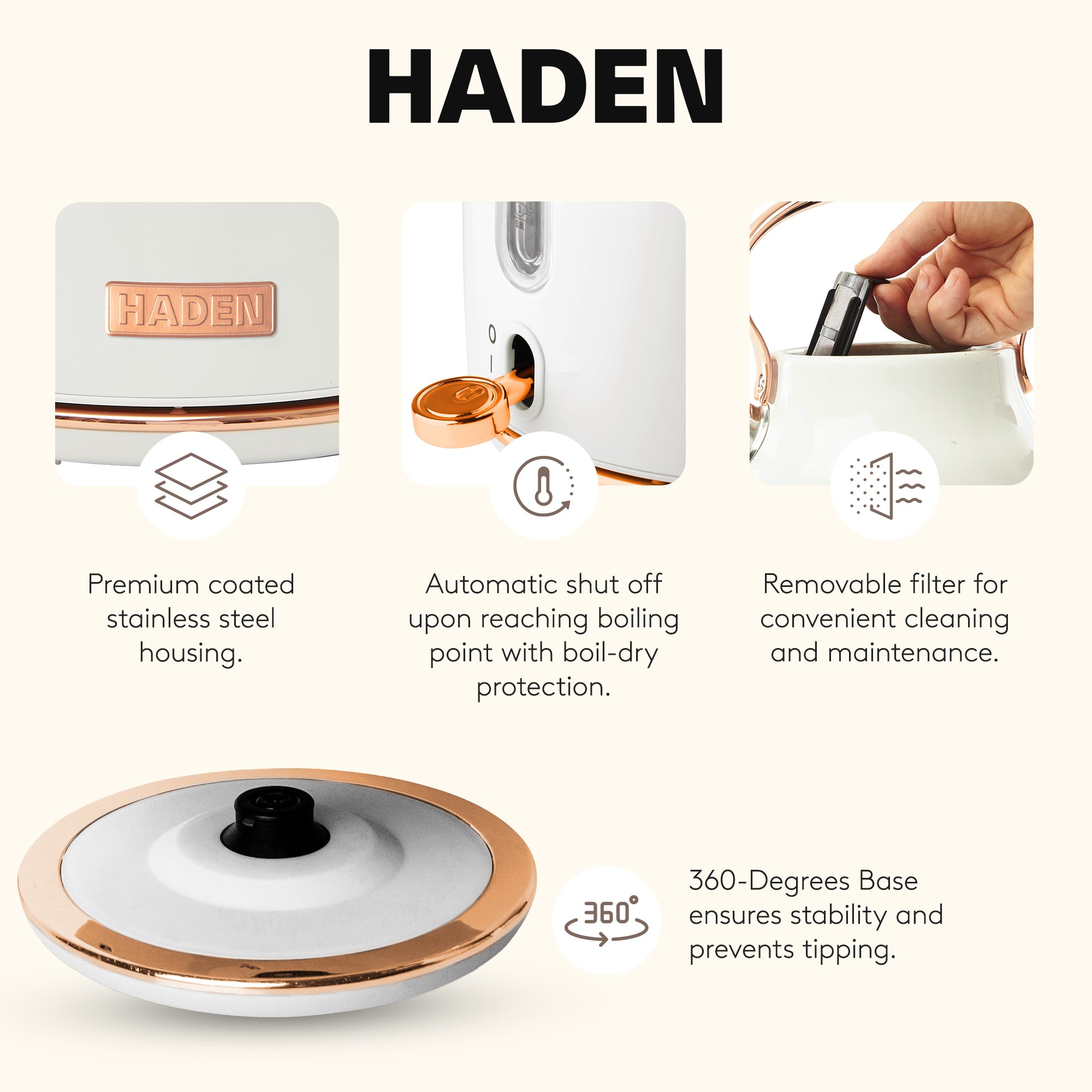 Haden Heritage 4 Slice Wide Slot Toaster & Electric Water Kettle, Ivory & Copper - VMInnovations