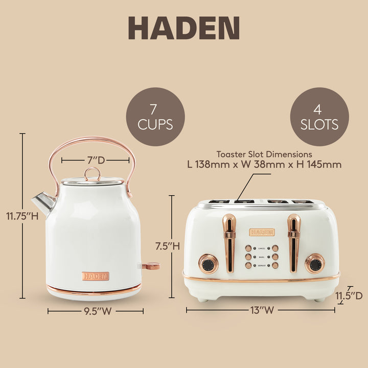 Haden Heritage 4 Slice Wide Slot Toaster & Electric Water Kettle, Ivory & Copper - VMInnovations