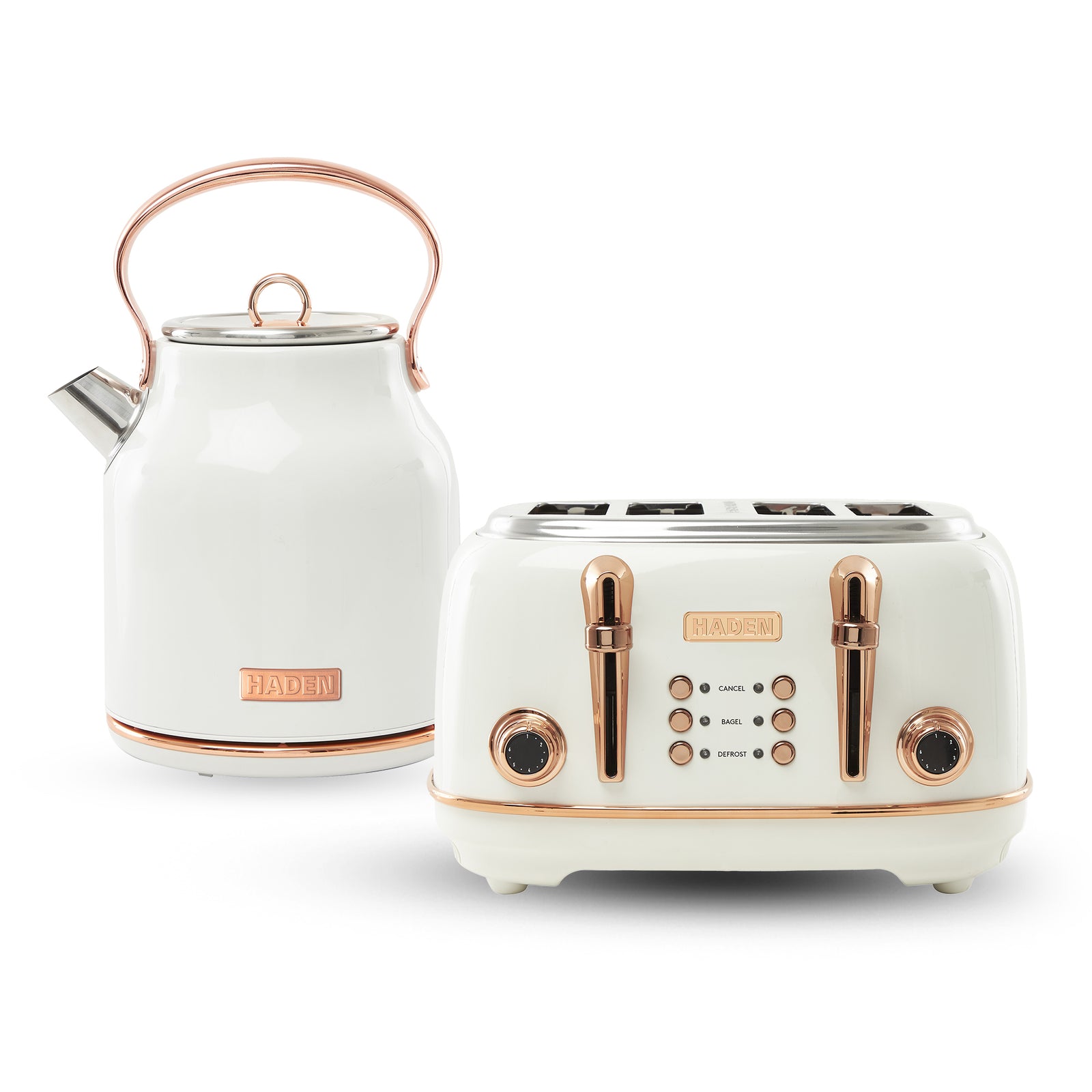 Haden Heritage 4 Slice Wide Slot Toaster & Electric Water Kettle, Ivory & Copper - VMInnovations