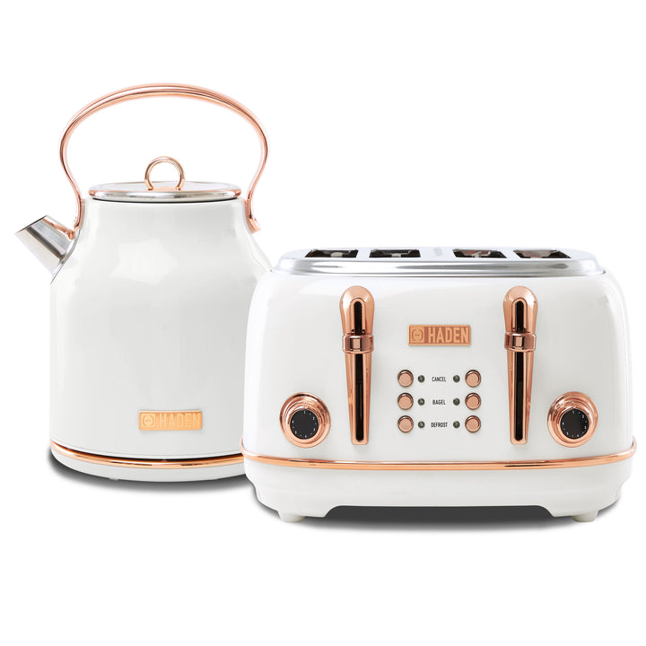 Haden Heritage 4 Slice Wide Slot Toaster & Electric Water Kettle, Ivory & Copper