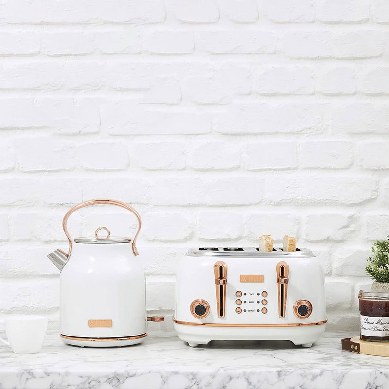 Haden Heritage 4 Slice Wide Slot Toaster & Electric Water Kettle, Ivory & Copper