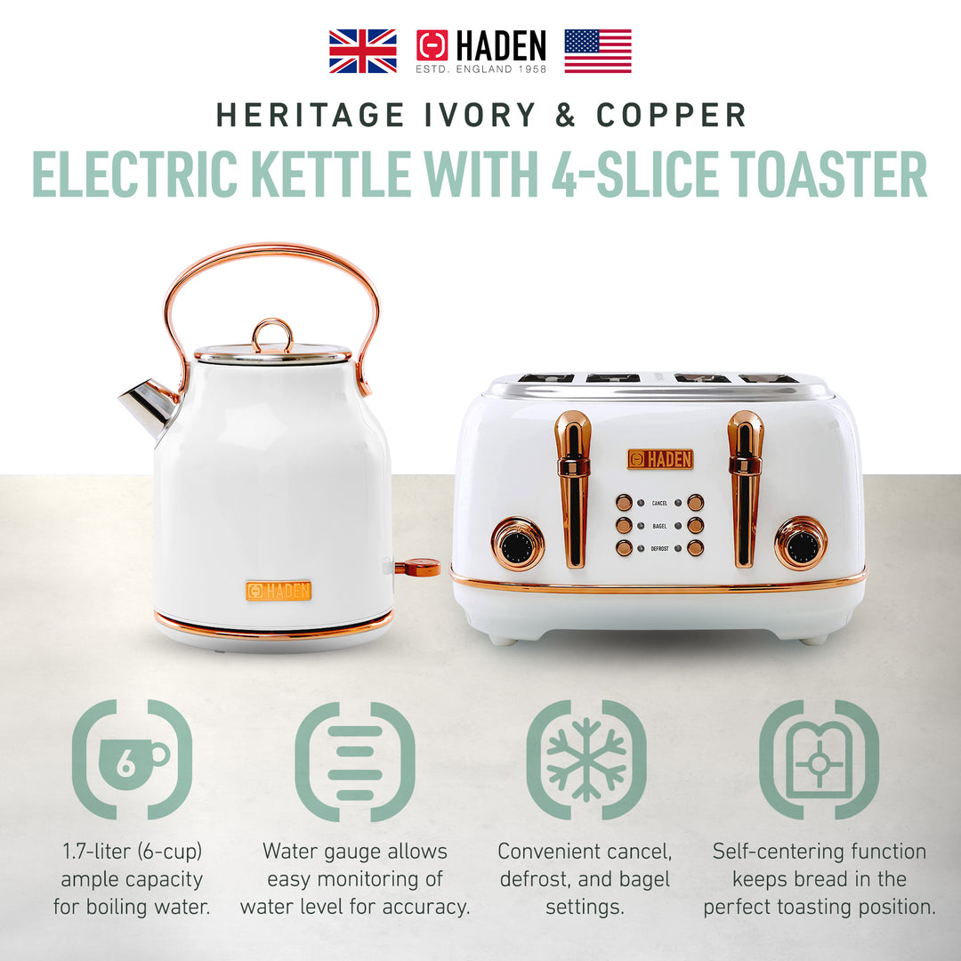 Haden Heritage 4 Slice Wide Slot Toaster & Electric Water Kettle, Ivory & Copper