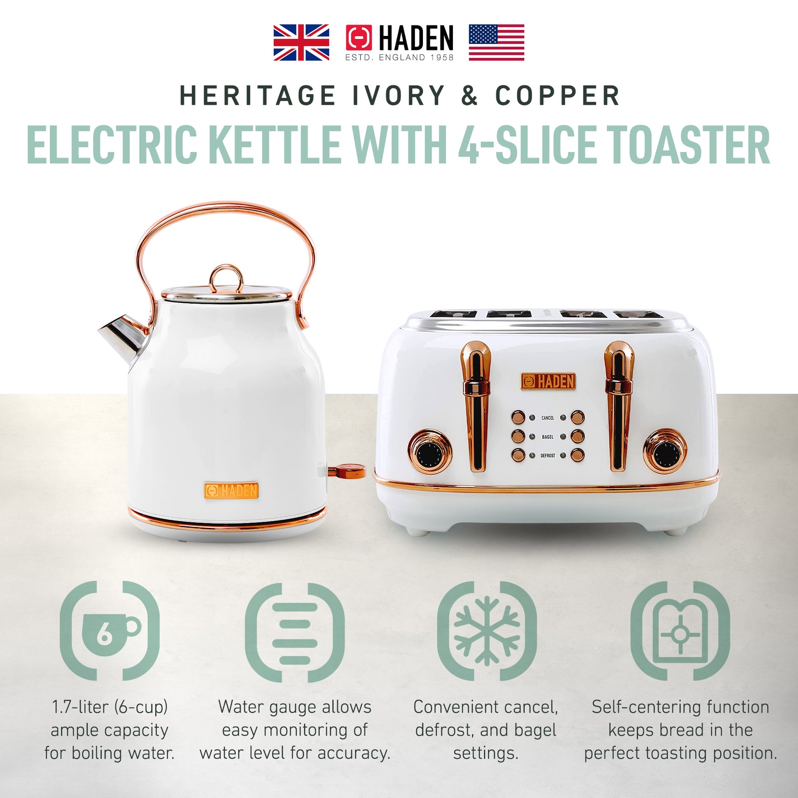 Haden Heritage 4 Slice Wide Slot Toaster & Electric Water Kettle, Ivory & Copper - VMInnovations