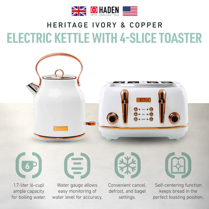 Haden Heritage 4 Slice Wide Slot Toaster & Electric Water Kettle, Ivory & Copper