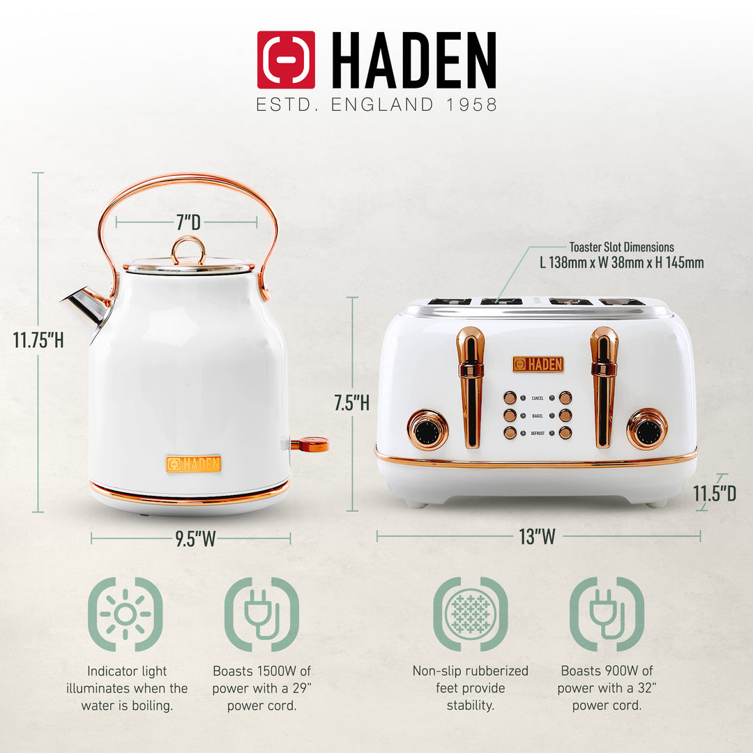 Haden Heritage 4 Slice Wide Slot Toaster & Electric Water Kettle, Ivory & Copper