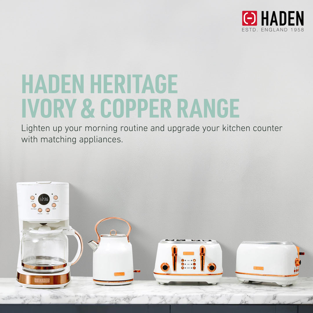 Haden Heritage 4 Slice Wide Slot Toaster & Electric Water Kettle, Ivory & Copper