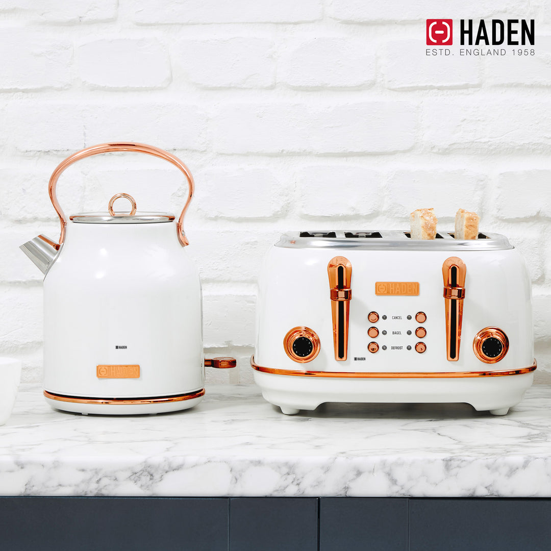 Haden Heritage 4 Slice Wide Slot Toaster & Electric Water Kettle, Ivory & Copper