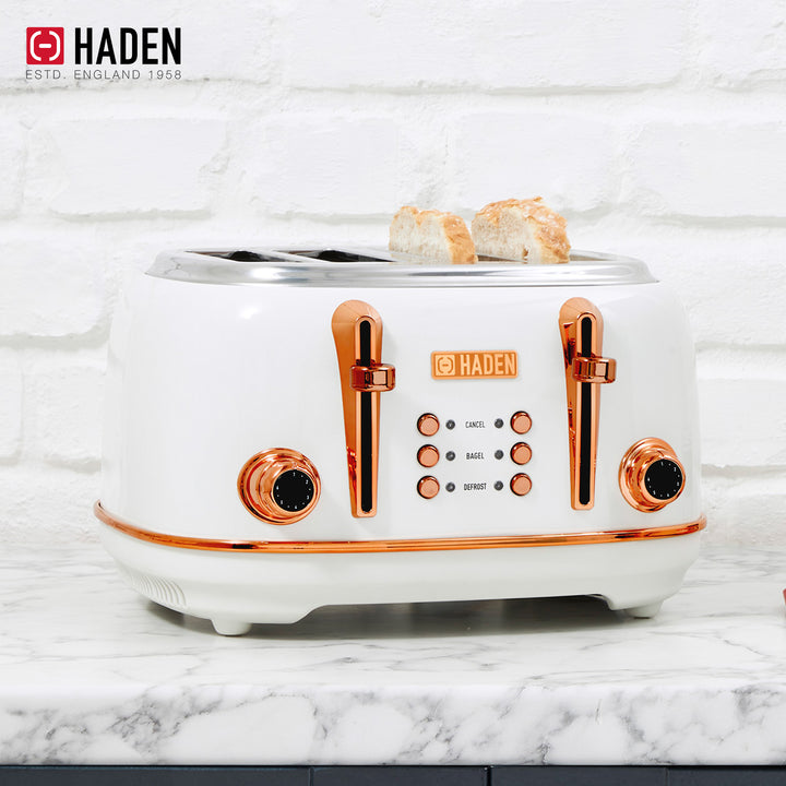 Haden Heritage 4 Slice Wide Slot Toaster & Electric Water Kettle, Ivory & Copper