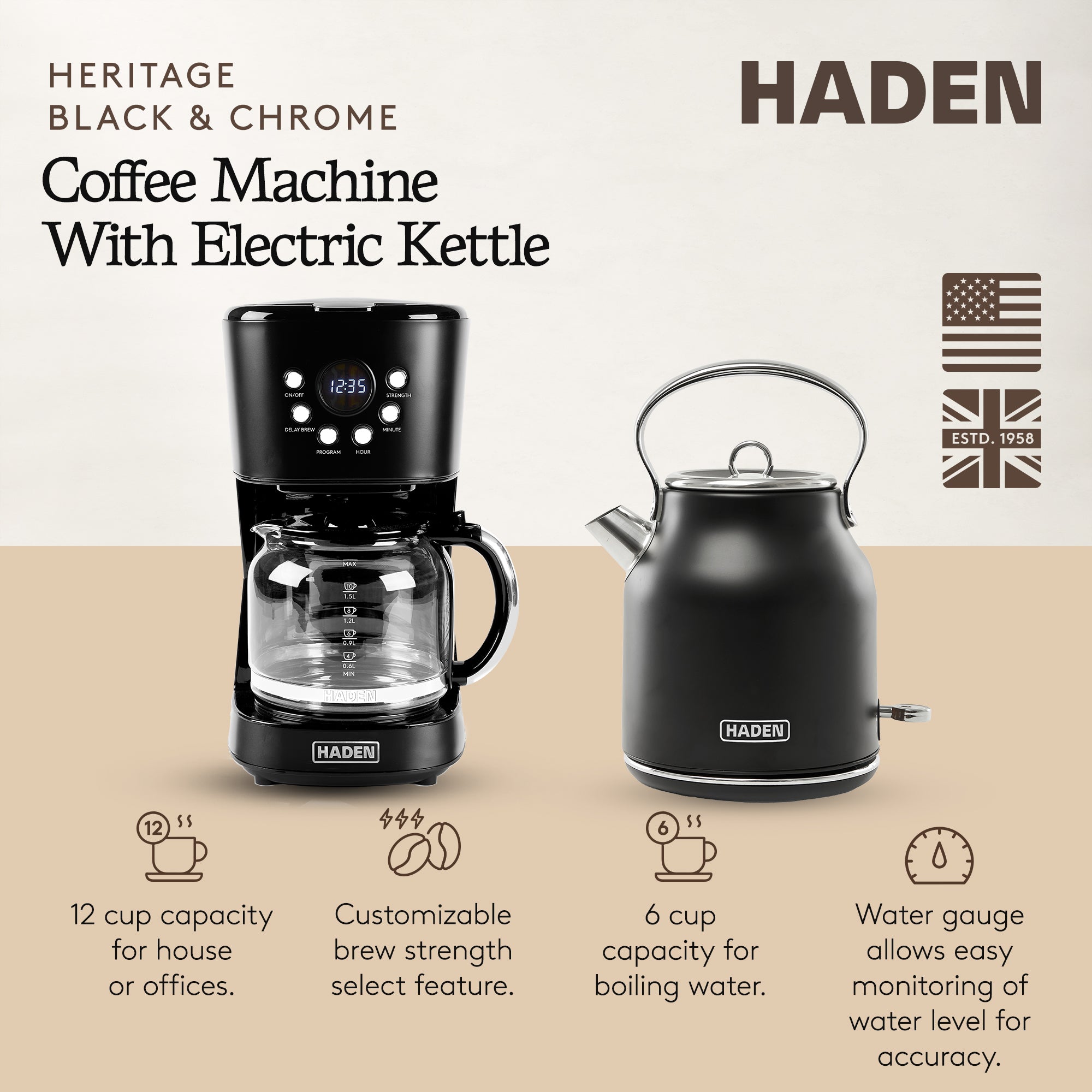 Haden 12 Cup Coffee Maker & Heritage 1.7 Liter Electric Kettle, Black & Chrome