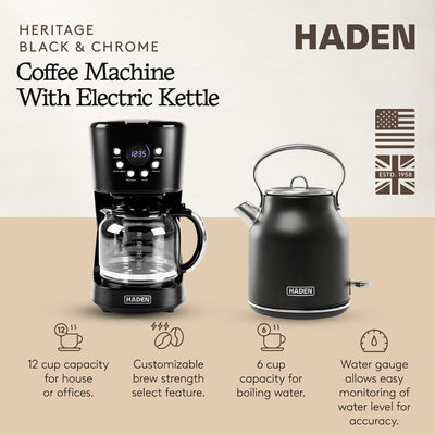 Haden 12 Cup Coffee Maker & Heritage 1.7 Liter Electric Kettle, Black & Chrome