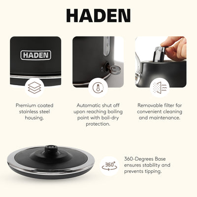 Haden 12 Cup Coffee Maker & Heritage 1.7 Liter Electric Kettle, Black & Chrome