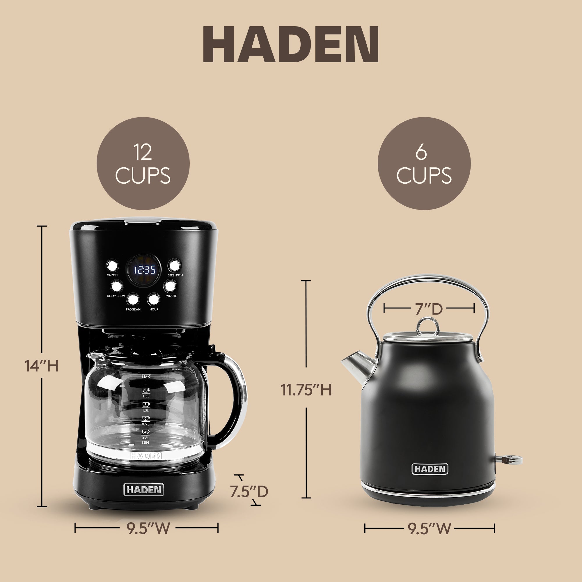 Haden 12 Cup Coffee Maker & Heritage 1.7 Liter Electric Kettle, Black & Chrome