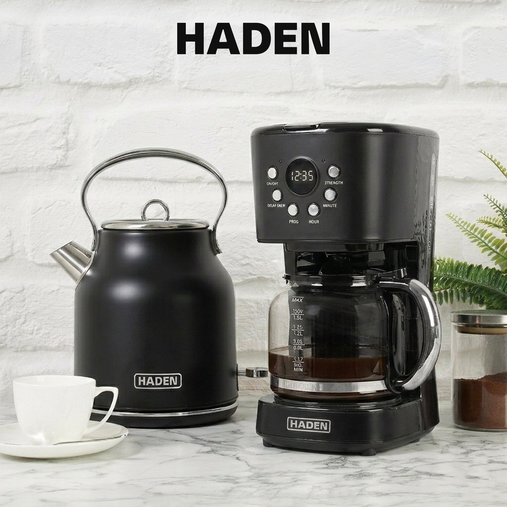Haden 12 Cup Coffee Maker & Heritage 1.7 Liter Electric Kettle, Black & Chrome
