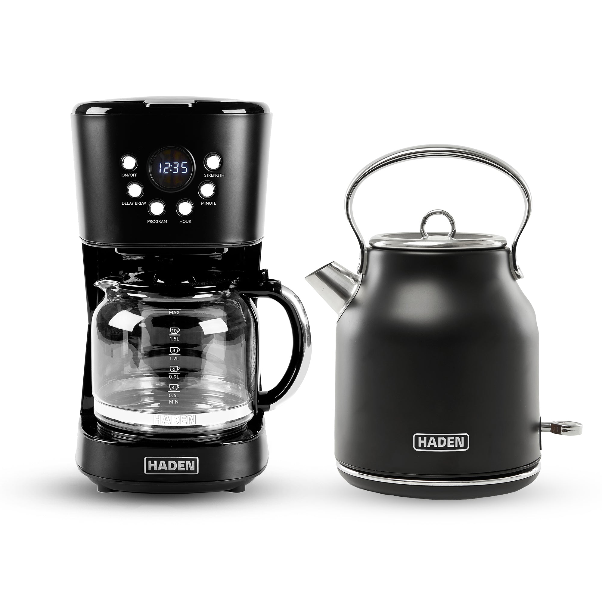 Haden 12 Cup Coffee Maker & Heritage 1.7 Liter Electric Kettle, Black & Chrome