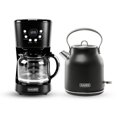 Haden 12 Cup Coffee Maker & Heritage 1.7 Liter Electric Kettle, Black & Chrome