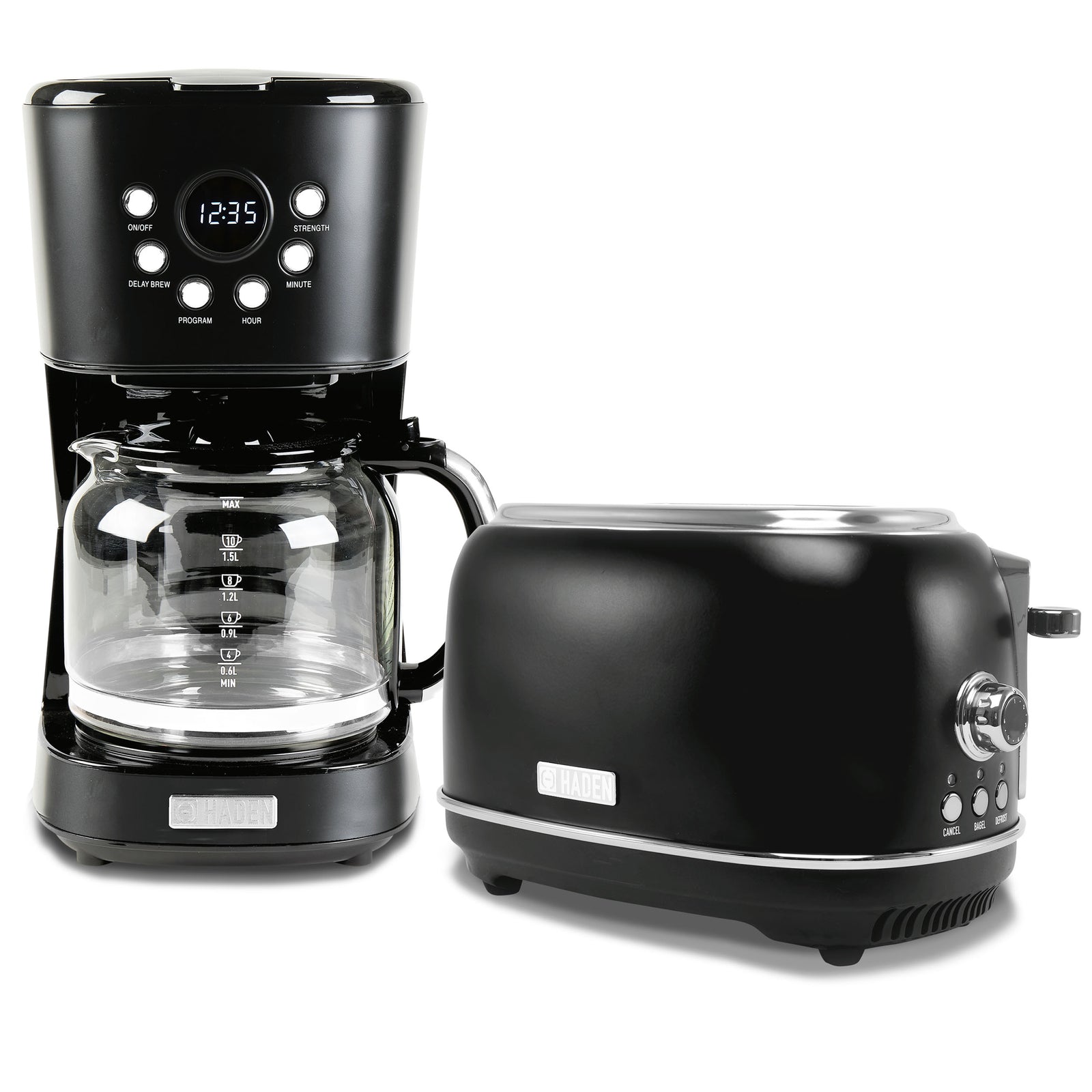 Haden 12 Cup Coffee Maker & Heritage 2 Slice Wide Slot Toaster, Black & Chrome - VMInnovations