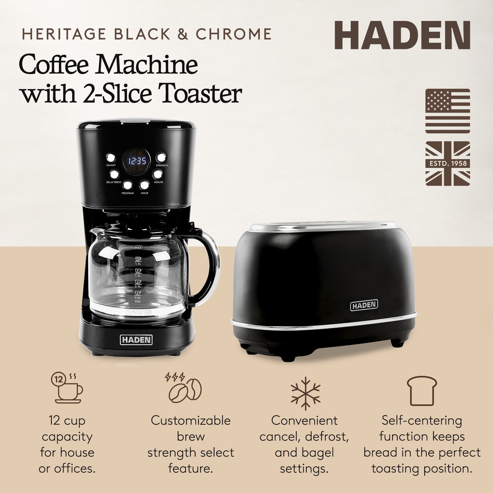Haden 12 Cup Coffee Maker & Heritage 2 Slice Wide Slot Toaster, Black & Chrome - VMInnovations