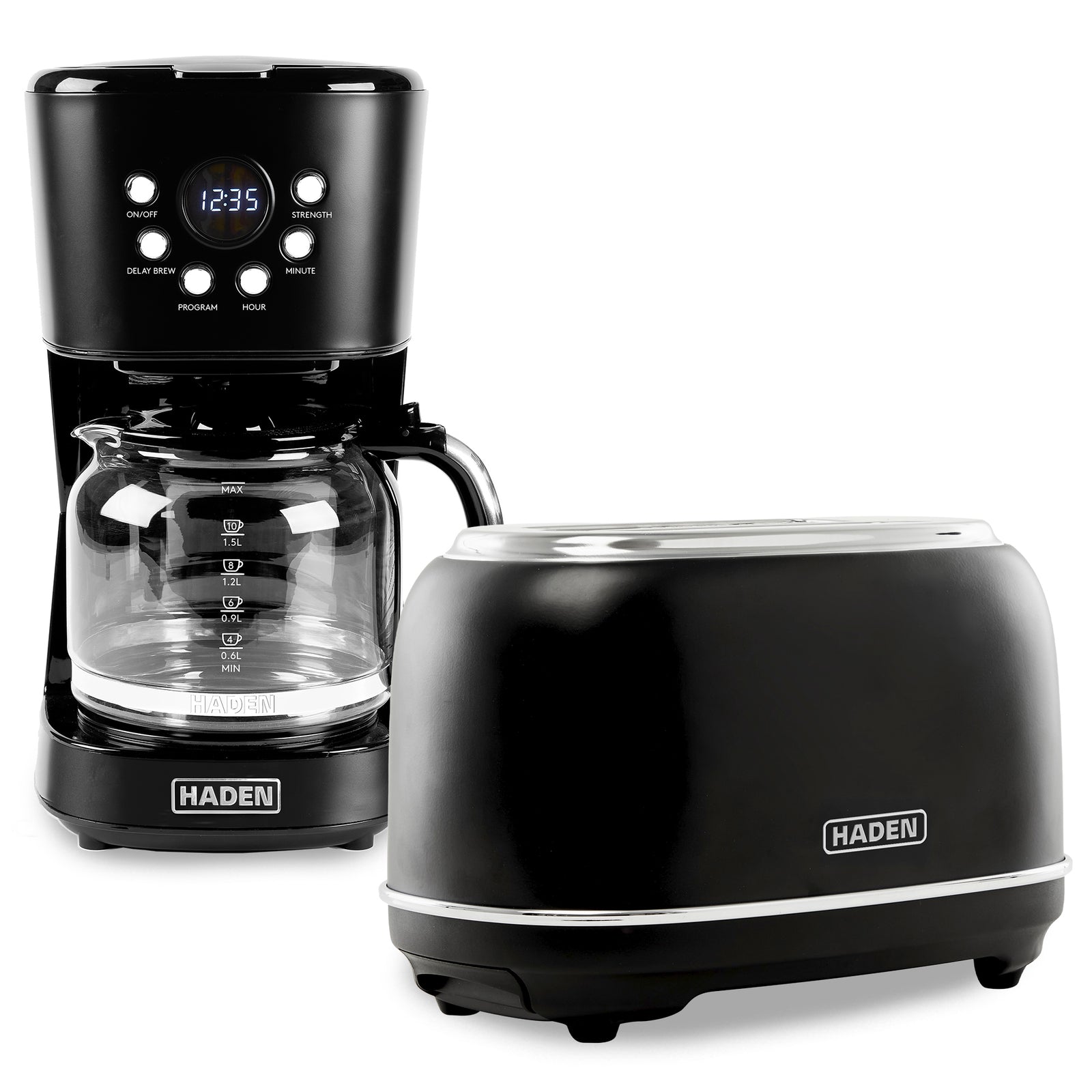 Haden 12 Cup Coffee Maker & Heritage 2 Slice Wide Slot Toaster, Black & Chrome - VMInnovations