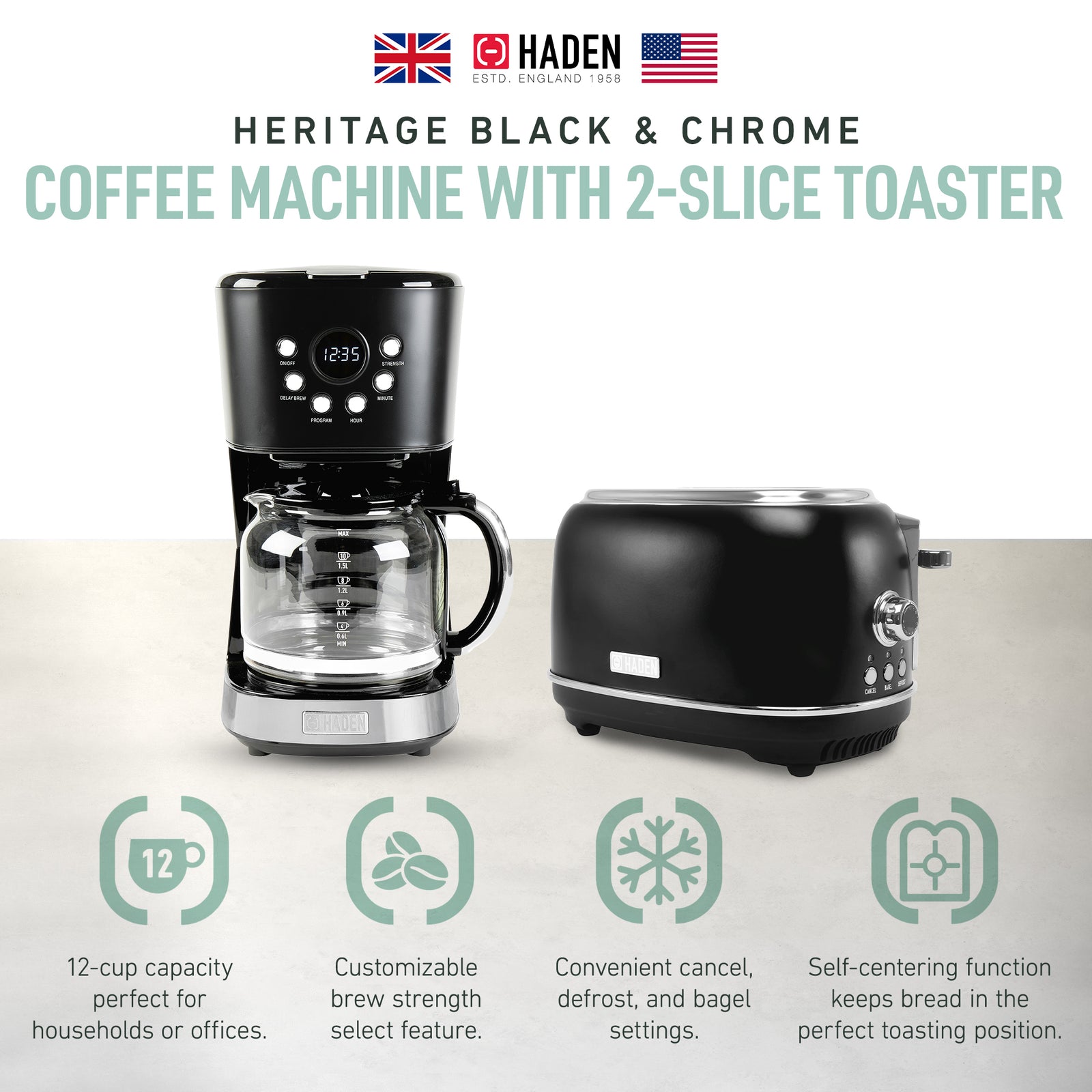 Haden 12 Cup Coffee Maker & Heritage 2 Slice Wide Slot Toaster, Black & Chrome - VMInnovations