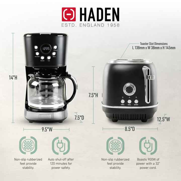 Haden 12 Cup Coffee Maker & Heritage 2 Slice Wide Slot Toaster, Black & Chrome