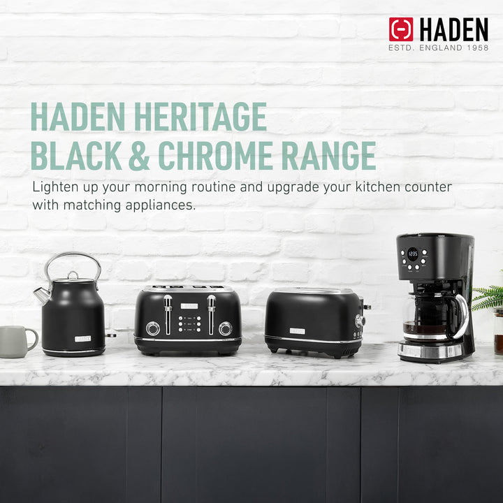 Haden 12 Cup Coffee Maker & Heritage 2 Slice Wide Slot Toaster, Black & Chrome