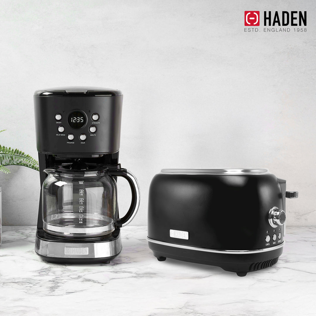 Haden 12 Cup Coffee Maker & Heritage 2 Slice Wide Slot Toaster, Black & Chrome