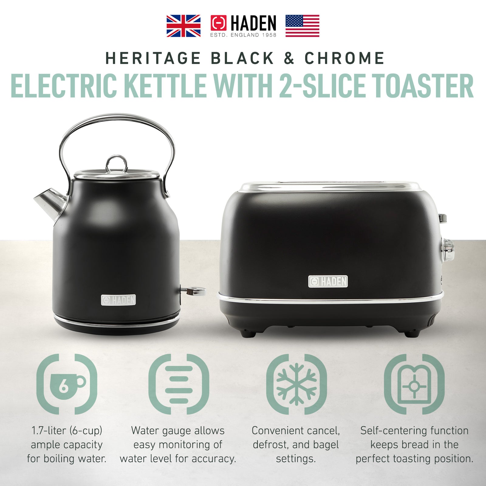Haden Heritage 2 Slice Wide Slot Toaster & Electric Water Kettle, Black & Chrome - VMInnovations