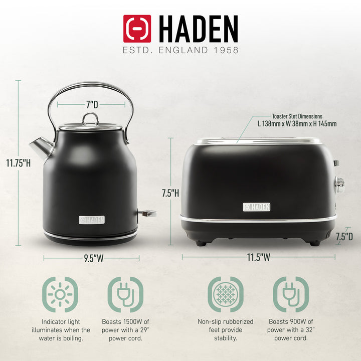 Haden Heritage 2 Slice Wide Slot Toaster & Electric Water Kettle, Black & Chrome