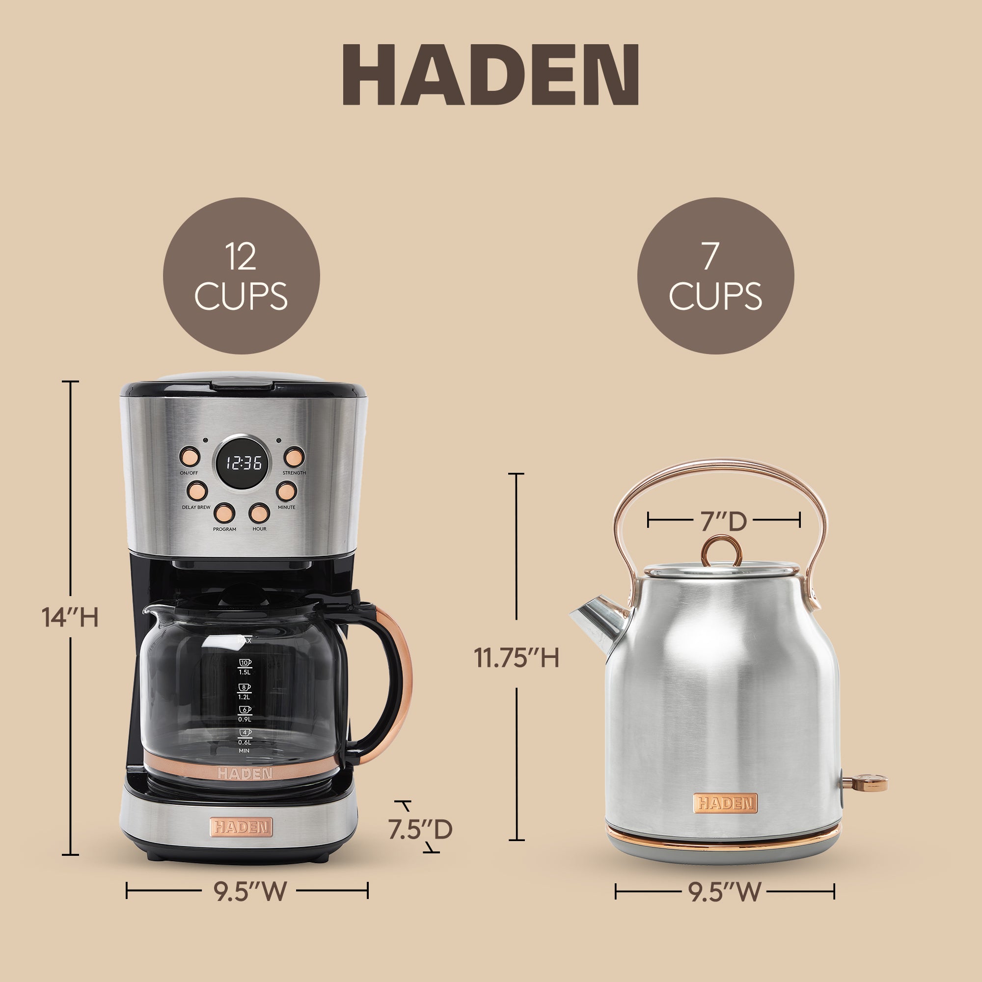 Haden Heritage 1.7 Liter Electric Kettle & 12 Cup Coffee Maker, Steel & Copper