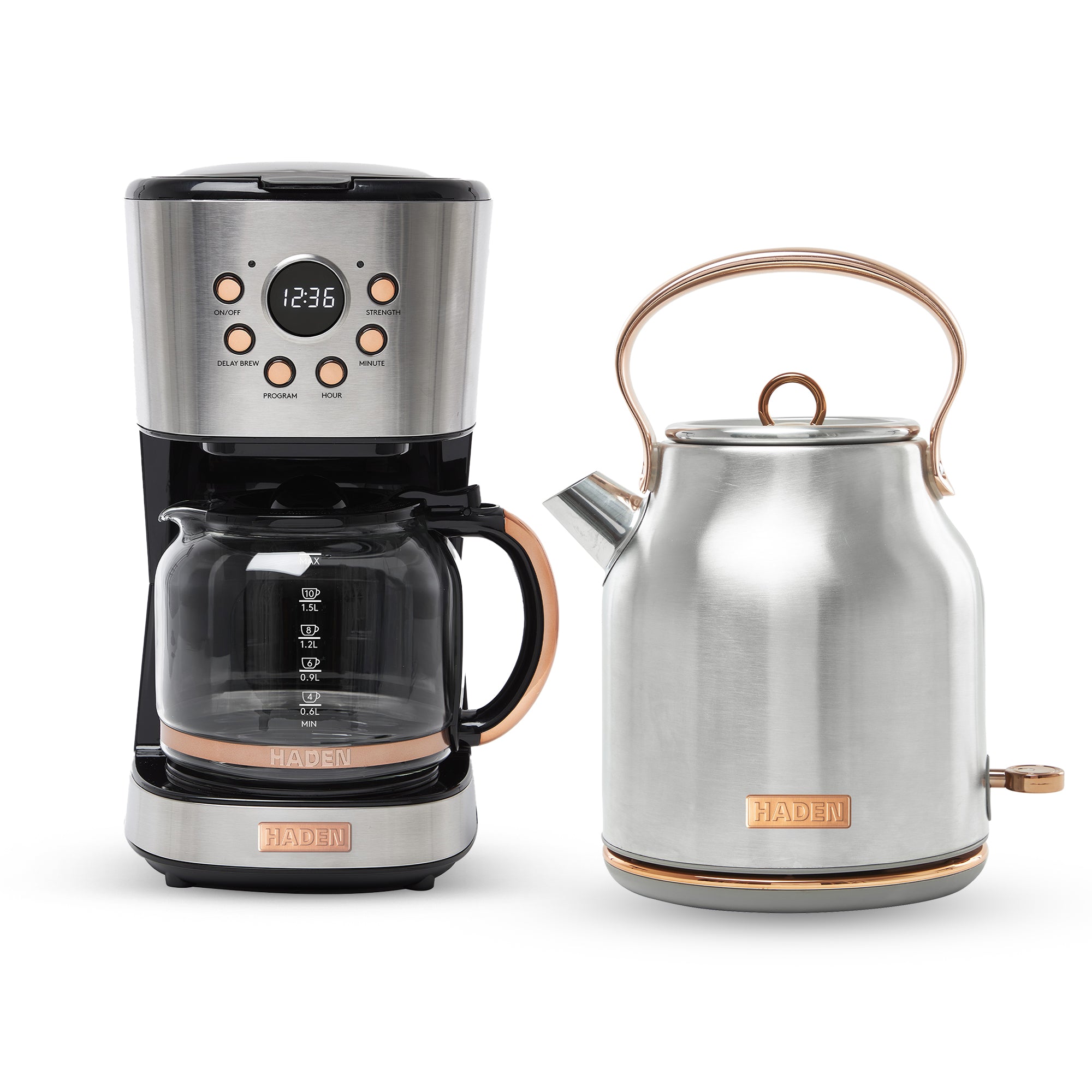 Haden Heritage 1.7 Liter Electric Kettle & 12 Cup Coffee Maker, Steel & Copper