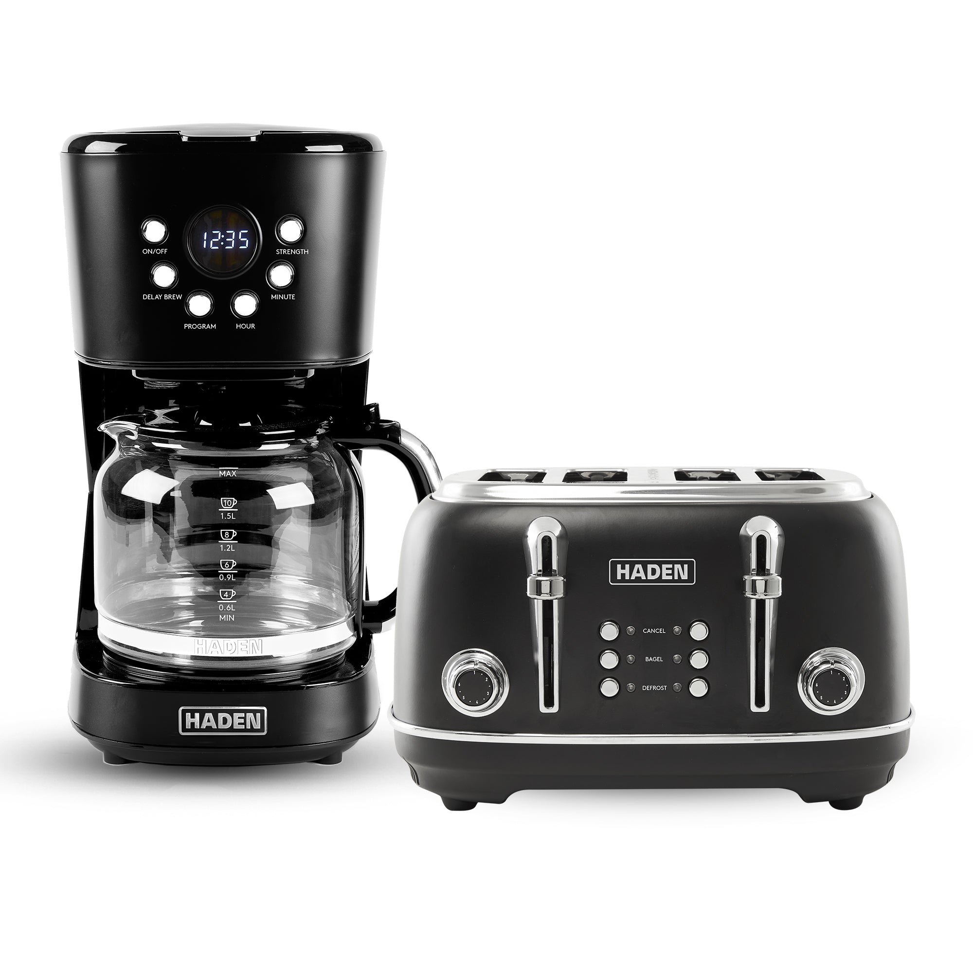 Haden Heritage 4 Slice Wide Slot Toaster & 12 Cup Coffee Maker, Black & Chrome - VMInnovations