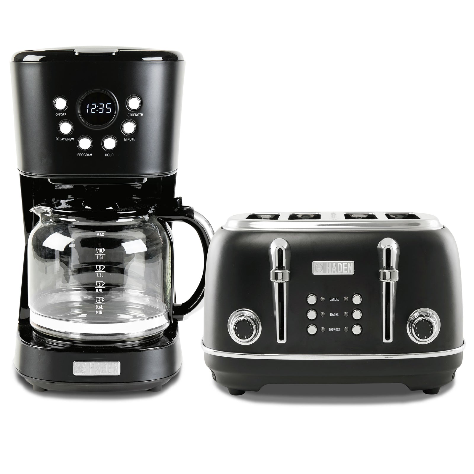 Haden Heritage 4 Slice Wide Slot Toaster & 12 Cup Coffee Maker, Black & Chrome - VMInnovations