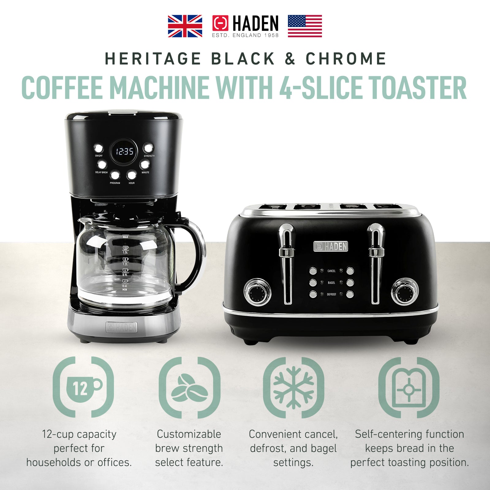 Haden Heritage 4 Slice Wide Slot Toaster & 12 Cup Coffee Maker, Black & Chrome - VMInnovations