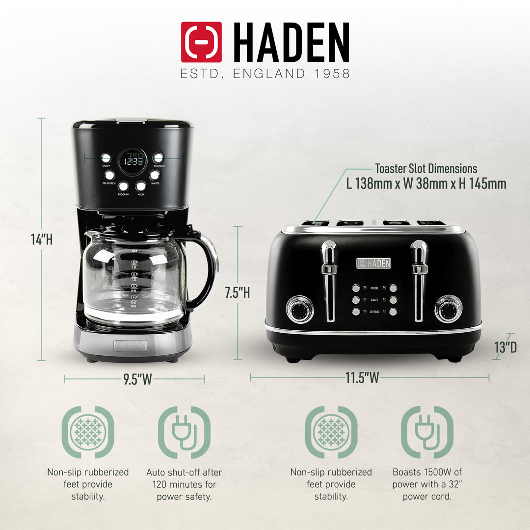 Haden Heritage 4 Slice Wide Slot Toaster & 12 Cup Coffee Maker, Black & Chrome