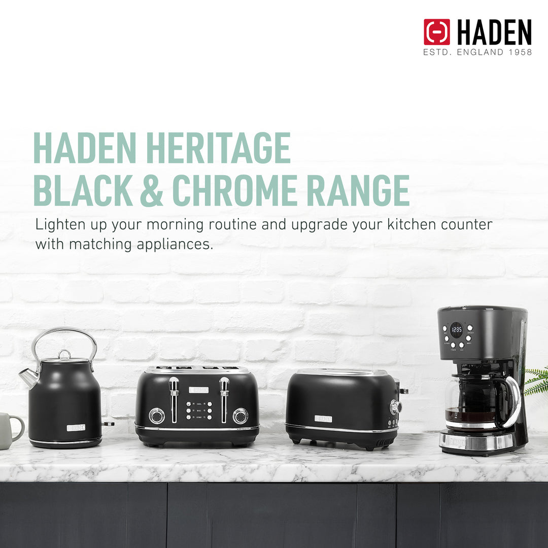 Haden Heritage 4 Slice Wide Slot Toaster & 12 Cup Coffee Maker, Black & Chrome