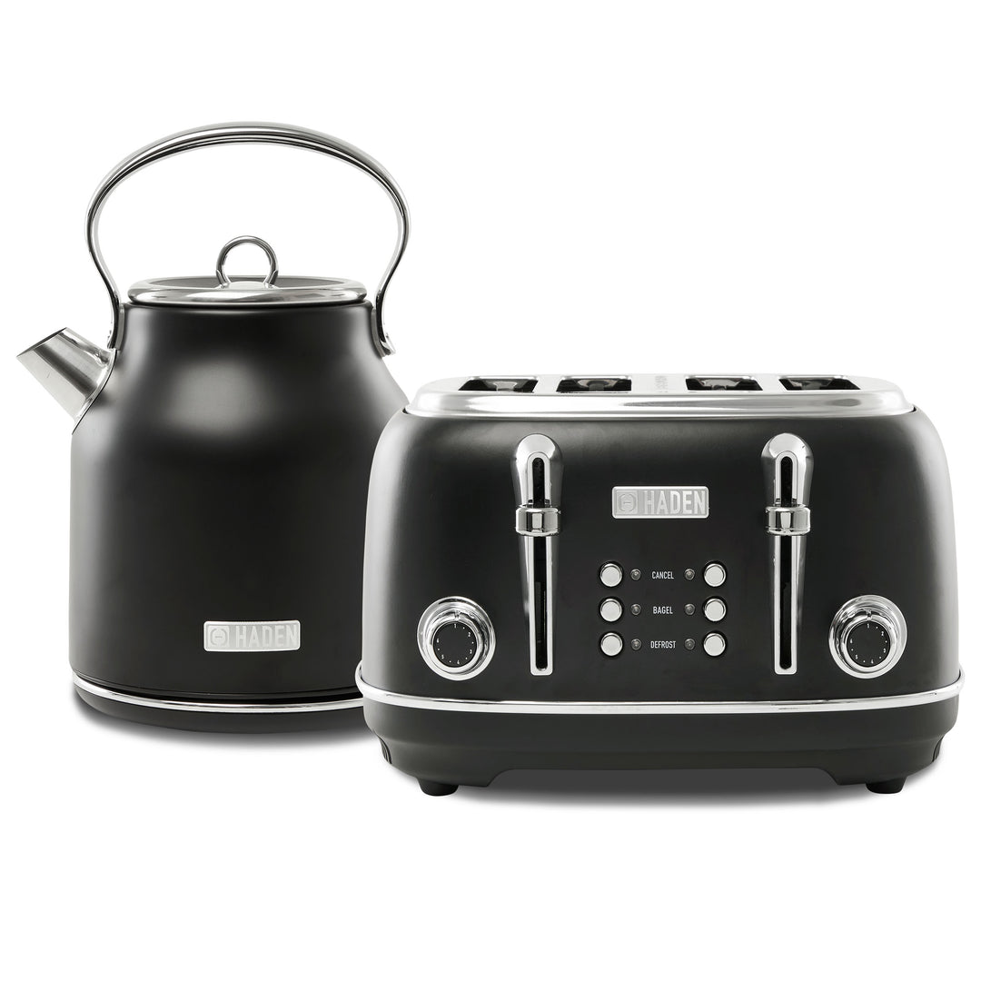 Haden Heritage 4 Slice Wide Slot Toaster & Electric Water Kettle, Black & Chrome