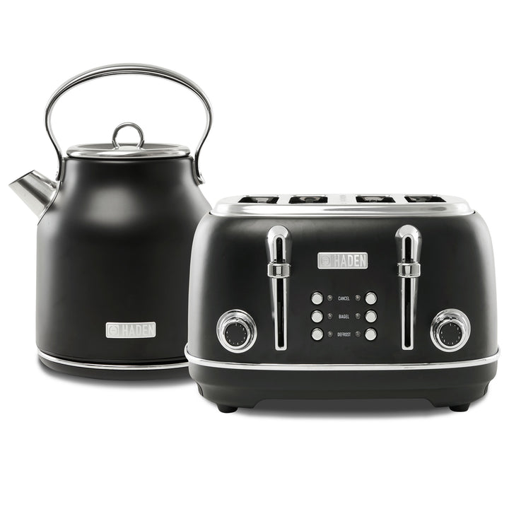 Haden Heritage 4 Slice Wide Slot Toaster & Electric Water Kettle, Black & Chrome