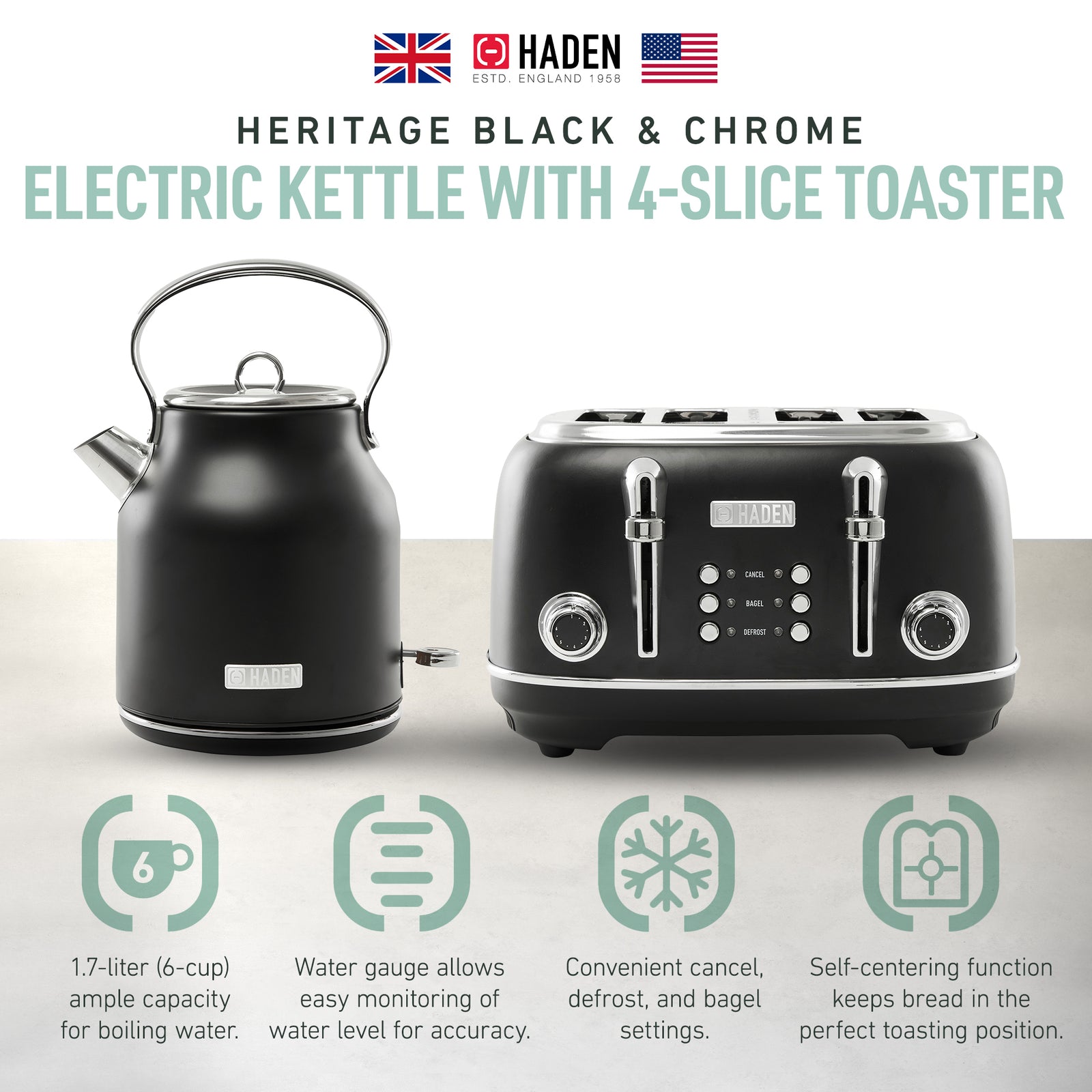 Haden Heritage 4 Slice Wide Slot Toaster & Electric Water Kettle, Black & Chrome - VMInnovations
