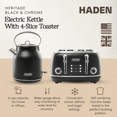 Haden Heritage 4 Slice Wide Slot Toaster & Electric Water Kettle, Black & Chrome